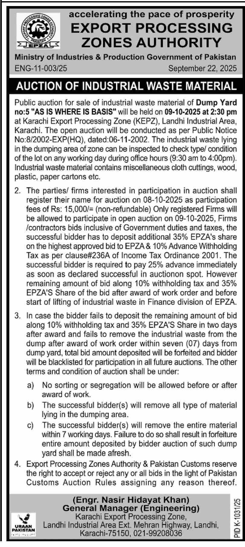 Ministry of Industries & Production Karachi Tender Notice